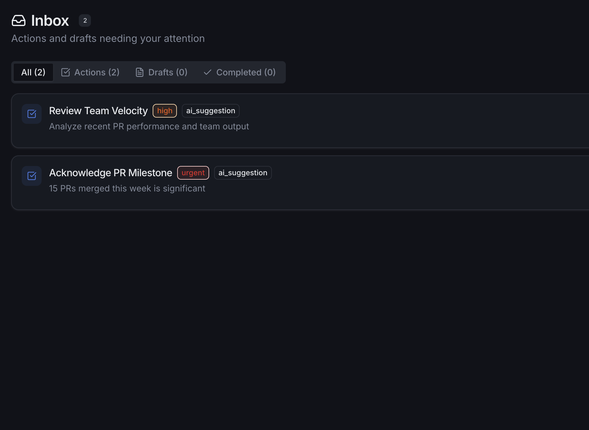 Inbox with AI-suggested action items and priority tags